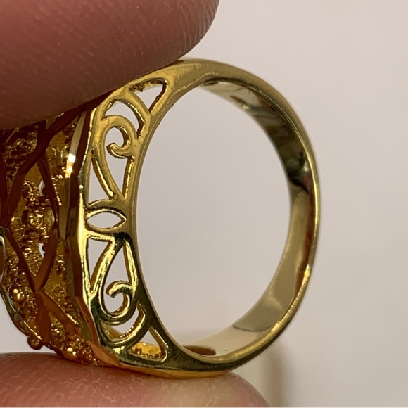 Gold plated dome statement ring with open cross hatching and scroll work 7 - Picture 2 of 9